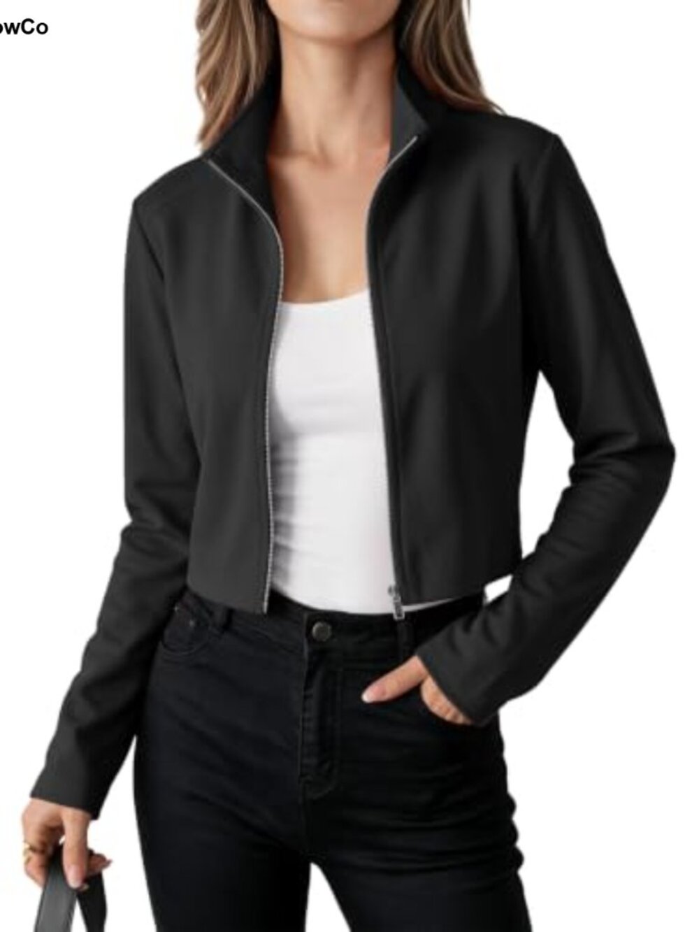 Cropped Full Zip Athletic Jacket Slim Fit Stand Collar